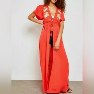 Kimono Style Coral/Red Embroidered Floral Cover Up